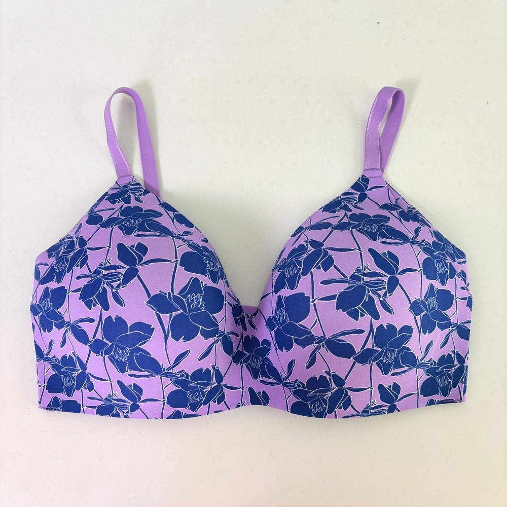 Knix WingWoman Contour Bra Womens 8 40D Purple Navy Blue Floral Wireless Support